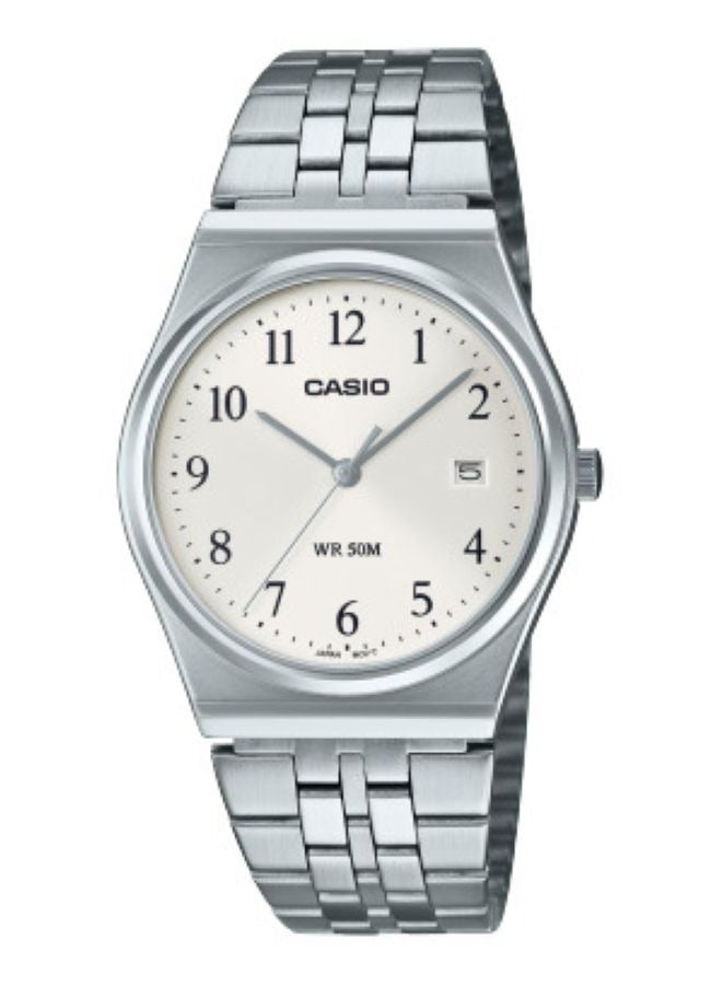 Casio MTP-B145D-7BVDF Men’s Analog Watch – Stainless Steel Silver Band, White Dial, Date Display, Water Resistant, Classic Casual & Formal Wristwatch