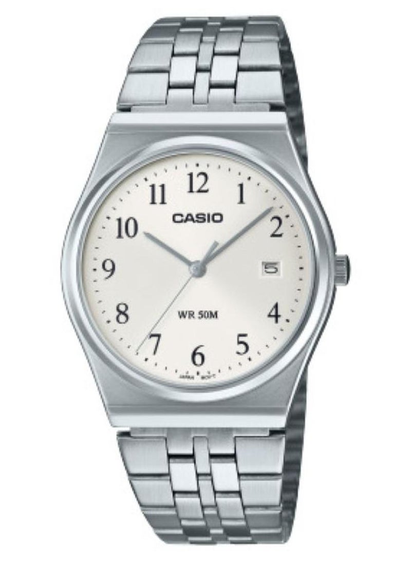 Casio MTP-B145D-7BVDF Men’s Analog Watch – Stainless Steel Silver Band, White Dial, Date Display, Water Resistant, Classic Casual & Formal Wristwatch