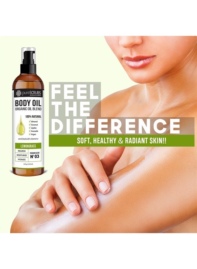 pureSCRUBS زيت الجسم المرطب الفائق برائحة الليمون العشبي للبشرة الجافة، للتدليك، وأكثر، مزيج عضوي فائق من زيوت الجوجوبا، والأركان، وجوز الهند، واللوز الحلو، والأفوكادو مدعوم بفيتامين E - 4 أونصة - Image 3