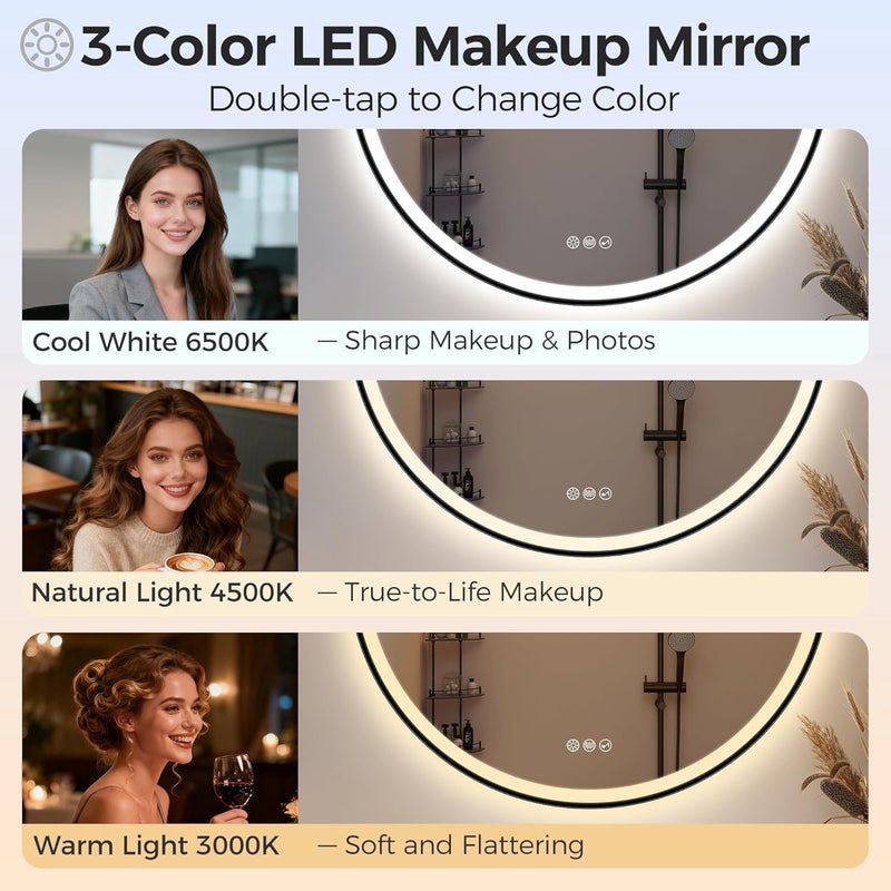 مرآة حمام STARLEAD دائرية بإضاءة بقطر 60 سم، مرآة LED دائرية مع سطوع قابل للتعديل، 3 درجات حرارة لونية، مضاد للضباب، بلوتوث، ذاكرة إضاءة، مرآة حمام IP44 - Image 4