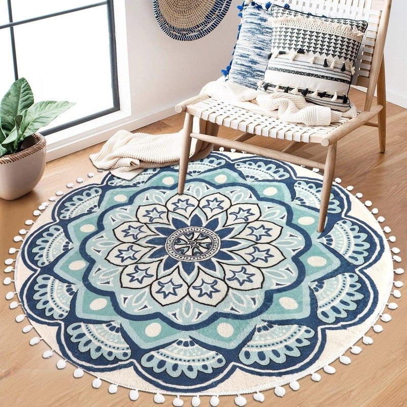 Uphome Round Rug 4ft Blue Circle Boho Rug with Pom Pom Fringe Non-Slip Washable Living Room Rug Soft Cute Blooming Mandala Throw Rug for Kid's Room Bedroom Entryway Nursery - Image 1