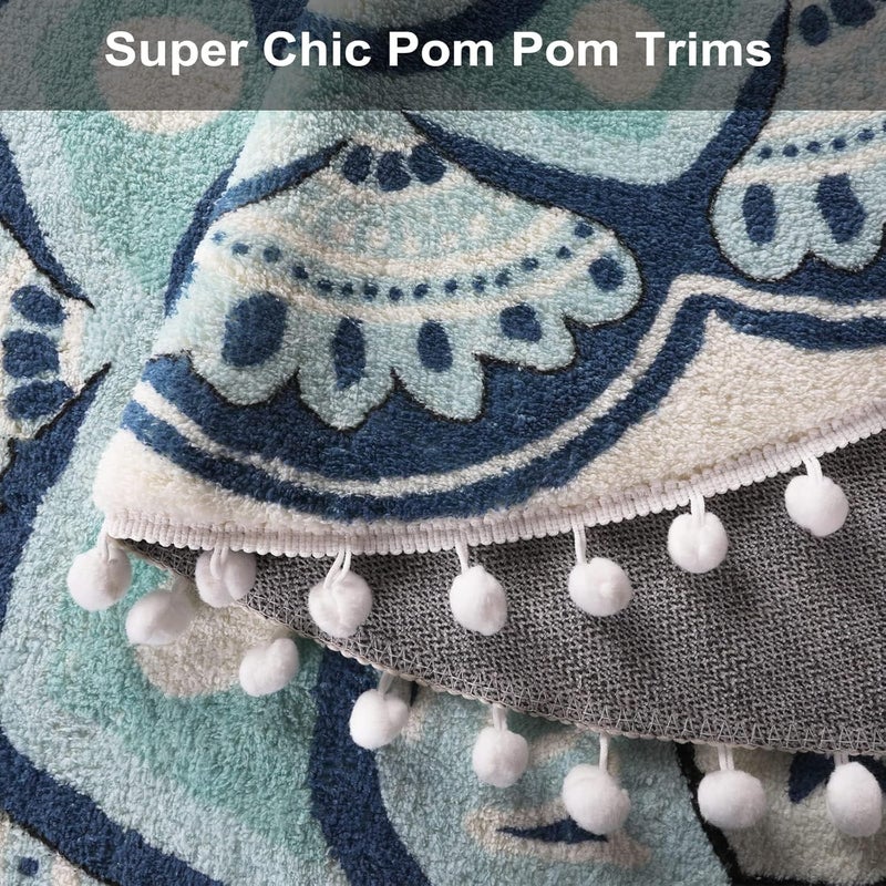Uphome Round Rug 4ft Blue Circle Boho Rug with Pom Pom Fringe Non-Slip Washable Living Room Rug Soft Cute Blooming Mandala Throw Rug for Kid's Room Bedroom Entryway Nursery - Image 3