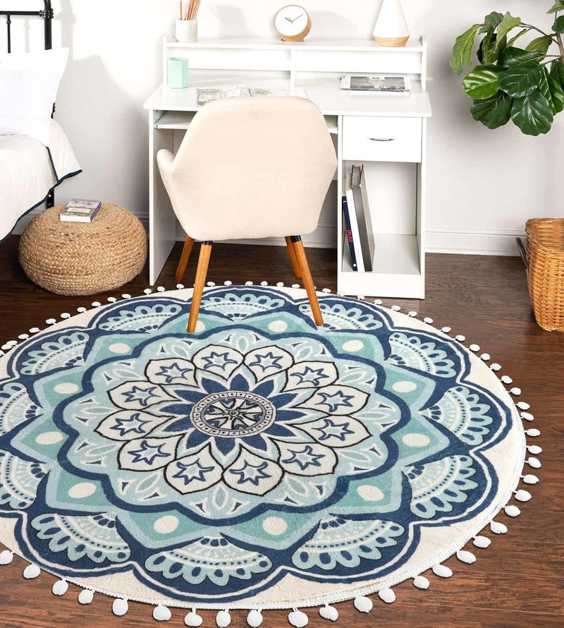 Uphome Round Rug 4ft Blue Circle Boho Rug with Pom Pom Fringe Non-Slip Washable Living Room Rug Soft Cute Blooming Mandala Throw Rug for Kid's Room Bedroom Entryway Nursery - Image 5