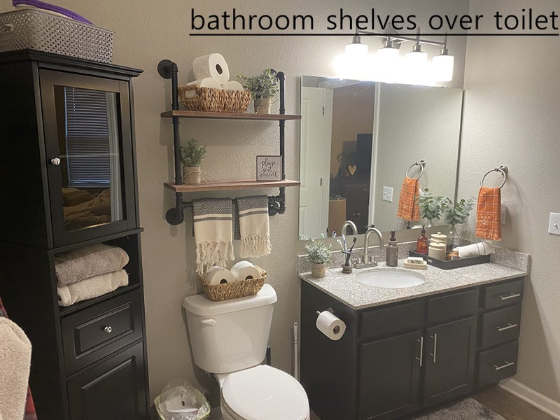 ROGMARS Industrial Pipe Shelf Floating Shelves Bathroom Pipe Shelving Farmhouse Bathroom Shelves with Towel Bar Towel Rack Over Toilet Industrial Shelf Rustic Wall Wood Shelves 19.7 Inch - Image 3