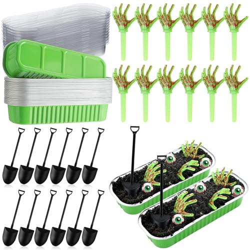 SiliFine 24 Set Halloween Zombie Hands Decor Green Skeleton Hands Cake Toppers Halloween Baking Pans with Lids Shovel Spoons Horror Spooky Decoration for Zombie Birthday PartyGreen - Image 1