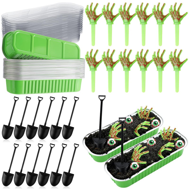SiliFine 24 Set Halloween Zombie Hands Decor Green Skeleton Hands Cake Toppers Halloween Baking Pans with Lids Shovel Spoons Horror Spooky Decoration for Zombie Birthday PartyGreen - Image 2
