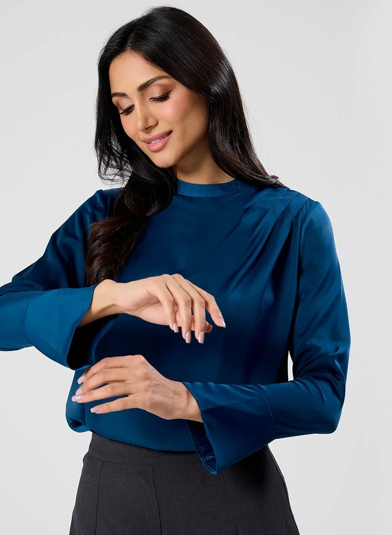 Zigzag Side Pleated Long Sleeve Satin Top
