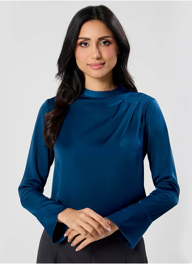 Zigzag Side Pleated Long Sleeve Satin Top