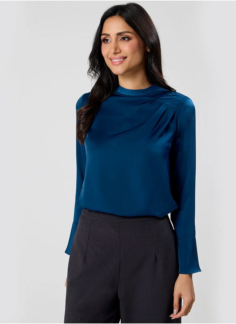 Zigzag Side Pleated Long Sleeve Satin Top
