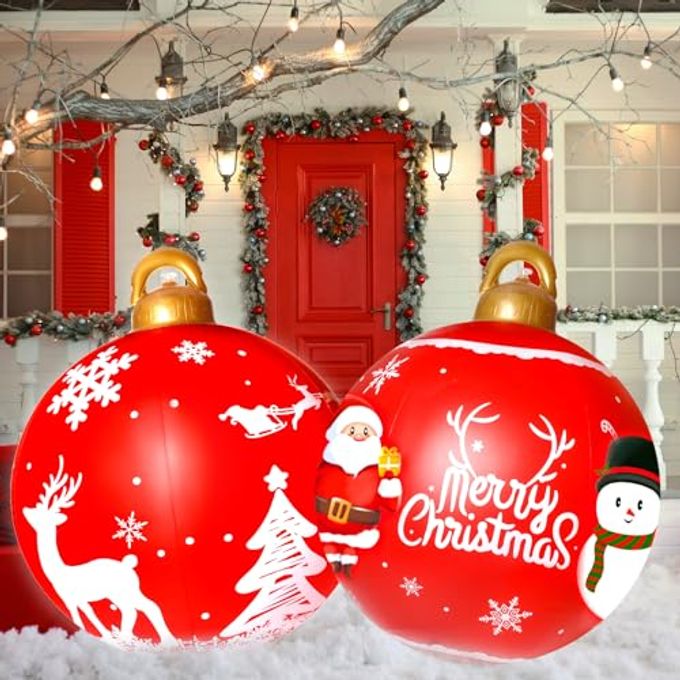 ontigola 2PCS Christmas Inflatable Decorated Ball 24in Yard Inflatable Christmas Balls Giant Xmas Tree Ornaments PVC Blow up Yard Decorations for Outside Holiday Yard Lawn Porch Decor - Image 4