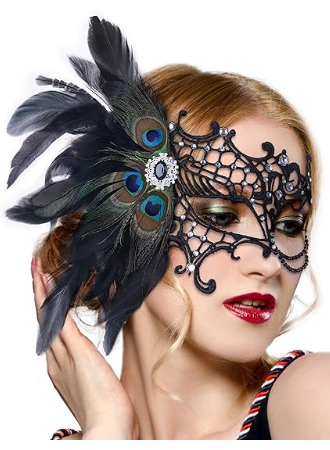 Bukela Masquerade Masks for Women, 2025 Peacock Feather Lace Mask 1920s Venetian Eyemask for Party - Image 1