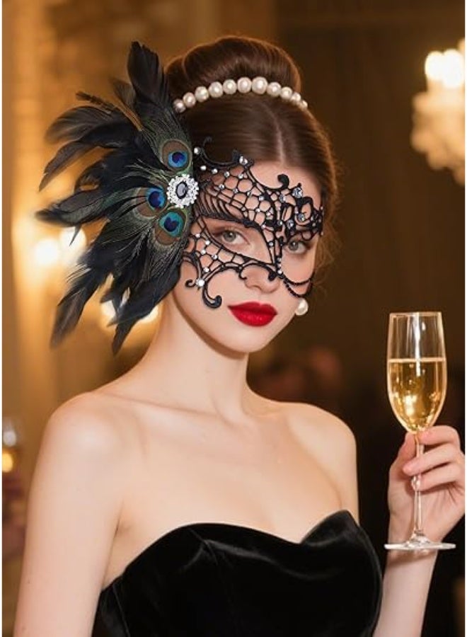 Bukela Masquerade Masks for Women, 2025 Peacock Feather Lace Mask 1920s Venetian Eyemask for Party - Image 4