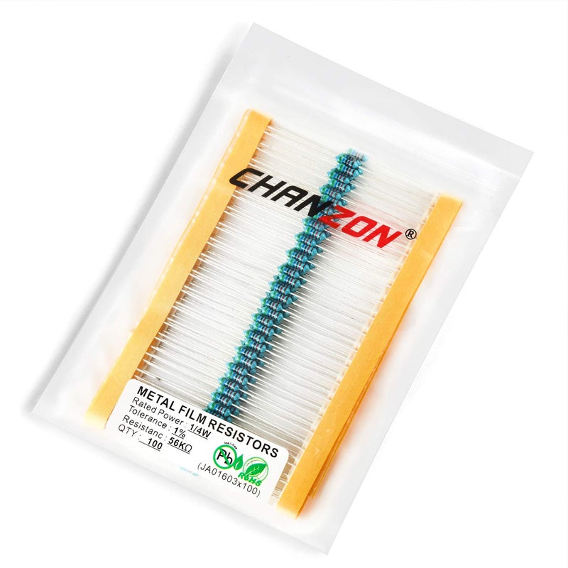 CHANZON 100 قطعة 1/4 واط (0.25 واط) 56 كΩ أوم مقاومة ثابتة من فيلم معدني 0.01 ±1% تحمل 56KR MF مقاومات ثقب مرور معتمدة من روهس - Image 3