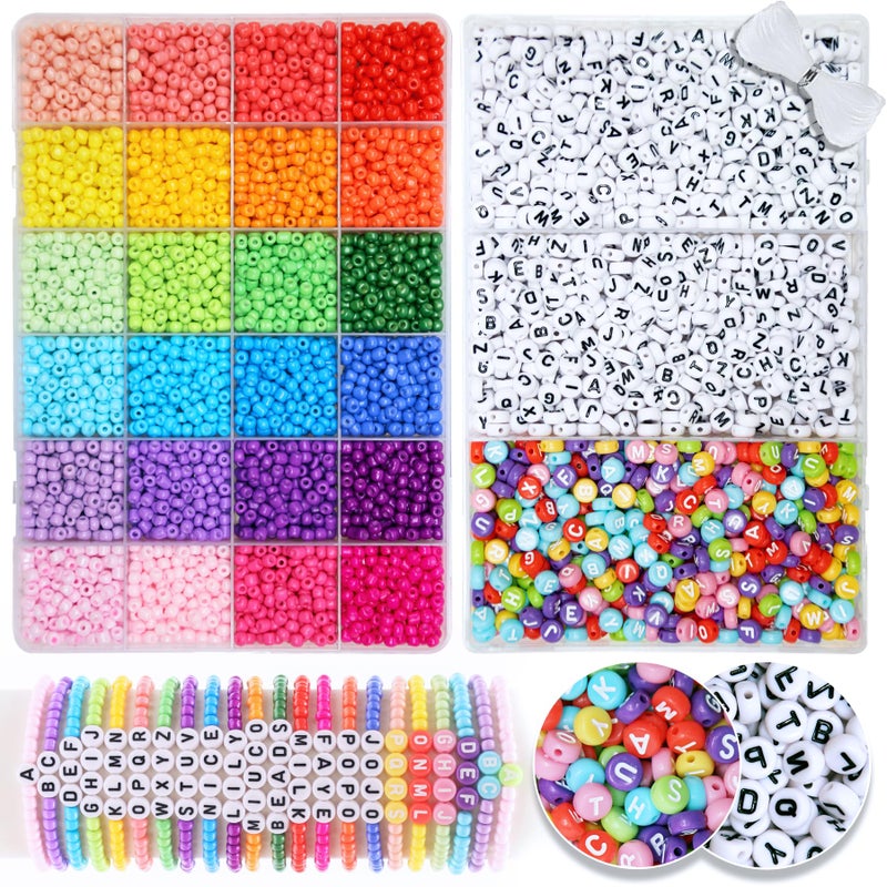 MiuCo 4mm Glass Seed and Letter Beads for Friendship Gifts Bracelet Making Kit 24 Colors Small and Alphabet Beads with 10M Elastic String Cord for Jewellery Making Kit for Art Craft Girls Gift
