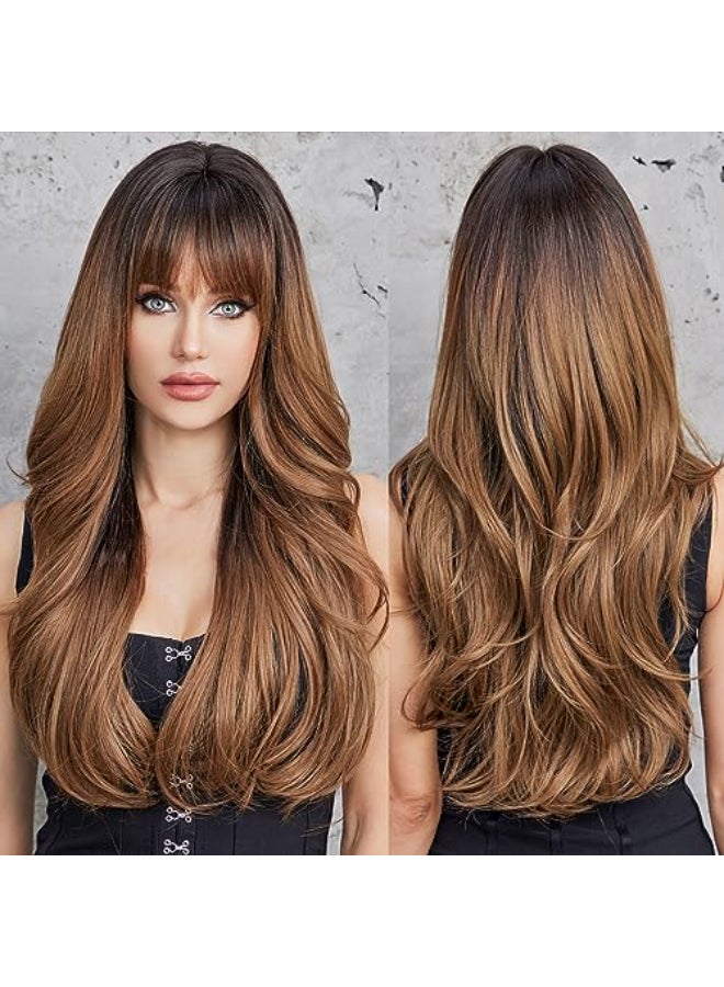 HAIRCUBE Ombre Brown Wigs with Bangs Synthetic Womens Wig Long Wavy Layered HeatResistant Wig for Daily Use Natural and comfortable - Image 1