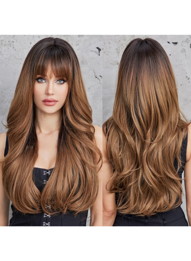 HAIRCUBE Ombre Brown Wigs with Bangs Synthetic Womens Wig Long Wavy Layered HeatResistant Wig for Daily Use Natural and comfortable - Image 2