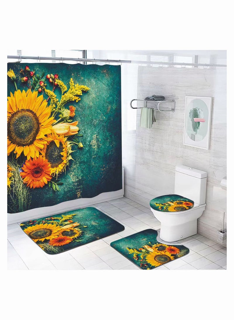 4-Pieces/Set Bathroom Household Supplies,Sunflower Pattern Bathroom Suit,Shower Curtain/Pedestal Rug/Toilet Lid Cover/Bath Mat Decor Set - Image 1