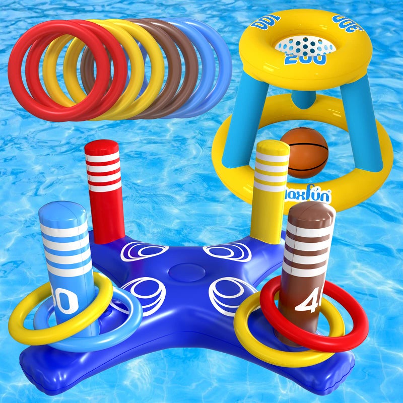 Max Fun Pool Floats Toys Games Set - Floating Basketball Hoop Inflatable Cross Ring Toss Game Toys for Kids Adults Swimming Pool Water Game - Image 1