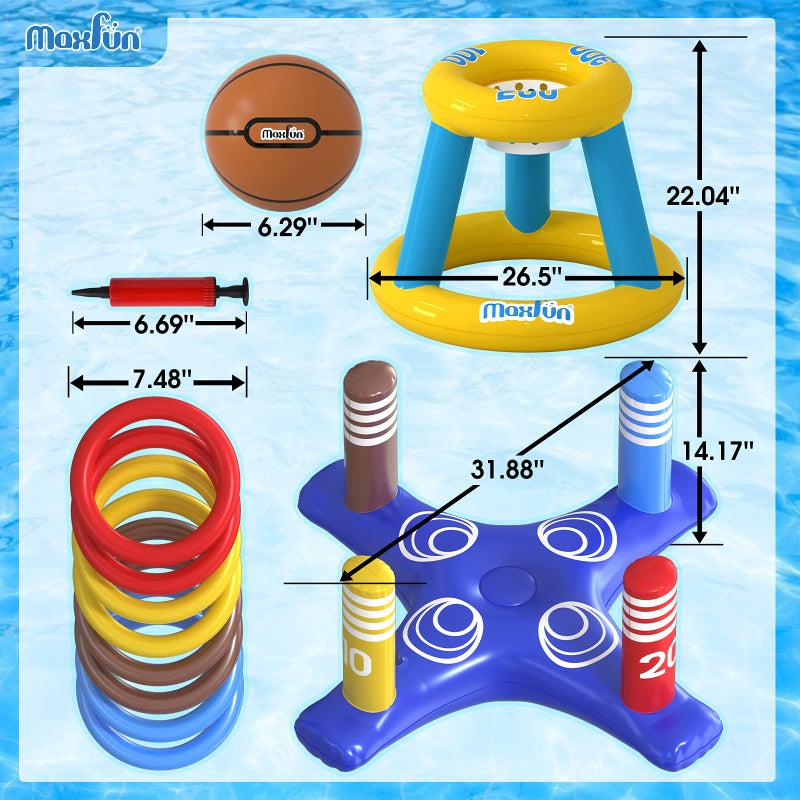 Max Fun Pool Floats Toys Games Set - Floating Basketball Hoop Inflatable Cross Ring Toss Game Toys for Kids Adults Swimming Pool Water Game - Image 2