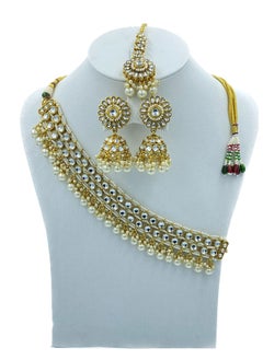 GOHONA GOHONA Royal Bling Bollywood Traditional Indian Kundan sokar Jewellery Necklace With Earrings Set and 1 Tikka in GOLDEN colour  - Image 1