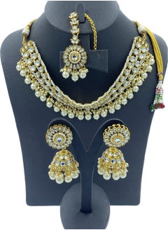 GOHONA GOHONA Royal Bling Bollywood Traditional Indian Kundan sokar Jewellery Necklace With Earrings Set and 1 Tikka in GOLDEN colour  - Image 2