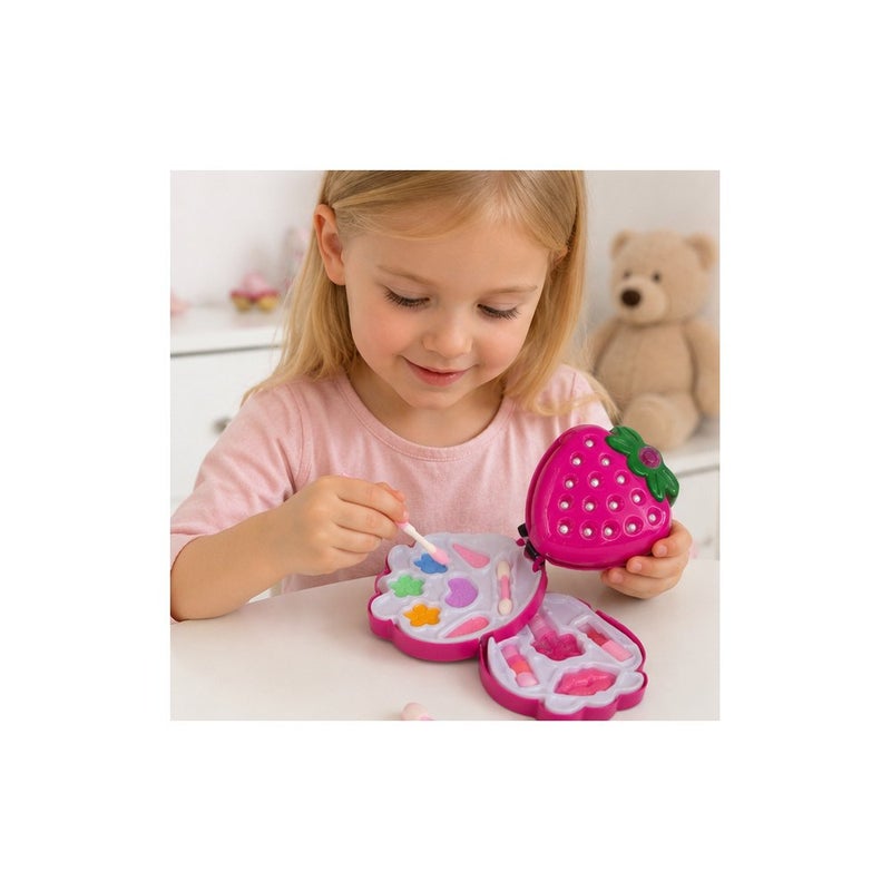 Playhouse Adventures | Girls Pretend Play Makeup Toy Set, Strawberry Shaped Cosmetic Kit, Pink, for Kids Ages 5 and Up - Image 3