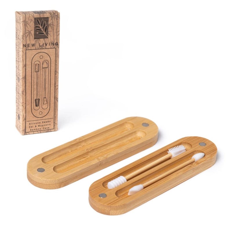 Generic Silicone Make Up Swabs  Set of 2 with Bamboo Case  By New Living  Eco Friendly Reusable Silicone QTips  For Make Up 