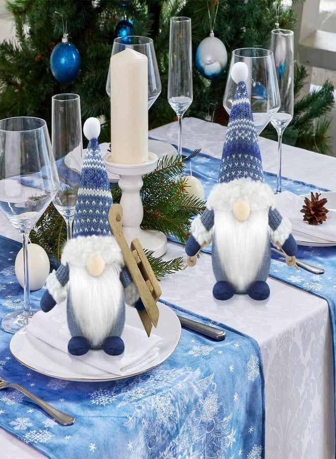 Gehydy Christmas Gnomes Decorations Set of 3 Mini Gnome with Sled Handmade Scandinavian Tomte Santa Xmas Decor for Home Kitchen Farmhouse Tiered Tray - Blue - Image 3