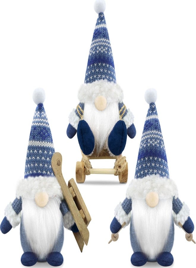 Gehydy Christmas Gnomes Decorations Set of 3 Mini Gnome with Sled Handmade Scandinavian Tomte Santa Xmas Decor for Home Kitchen Farmhouse Tiered Tray - Blue - Image 1
