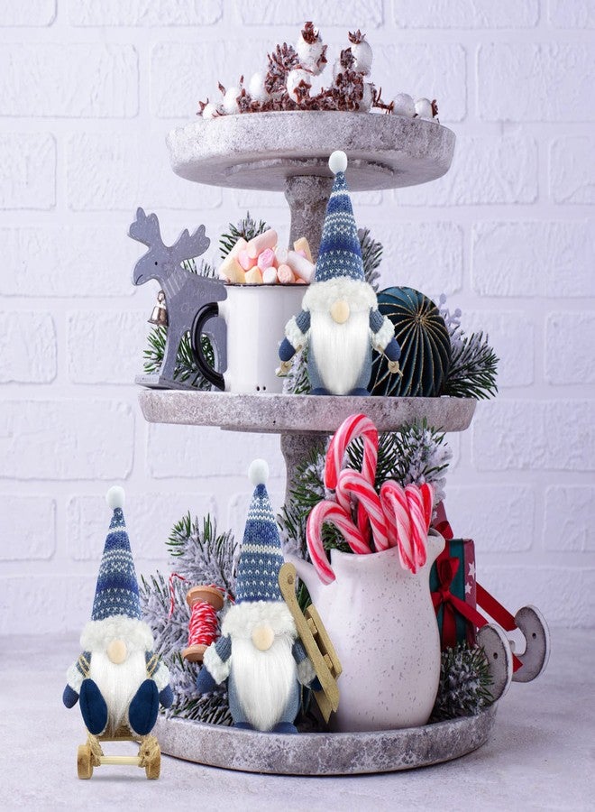 Gehydy Christmas Gnomes Decorations Set of 3 Mini Gnome with Sled Handmade Scandinavian Tomte Santa Xmas Decor for Home Kitchen Farmhouse Tiered Tray - Blue - Image 4