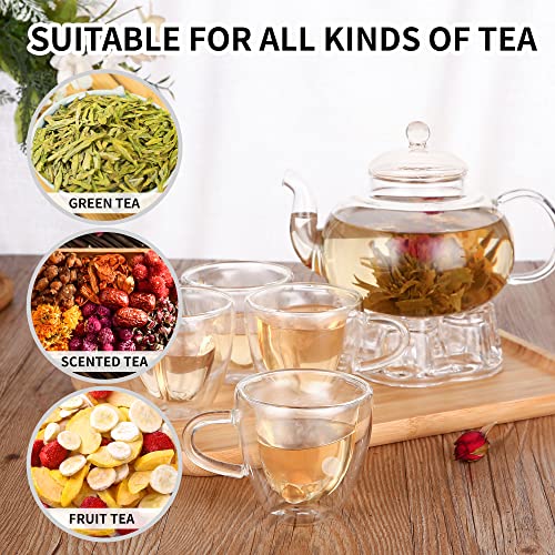 GURUDAR Glass Teapot Set, 40OZ/1200ml Stovetop Safe Glass Tea Kettle with Removable Infuser & Tea Warmer, Tea Cups Set of 4, Blooming Tea & Loose Leaf Tea Maker Set for Women，4 Double-Wall TeaCups - Image 4