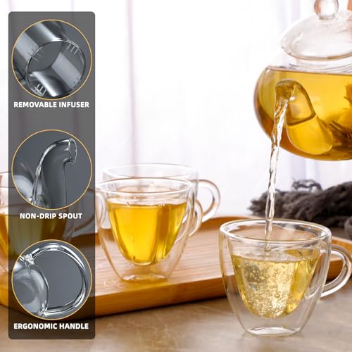 GURUDAR Glass Teapot Set, 40OZ/1200ml Stovetop Safe Glass Tea Kettle with Removable Infuser & Tea Warmer, Tea Cups Set of 4, Blooming Tea & Loose Leaf Tea Maker Set for Women，4 Double-Wall TeaCups - Image 3