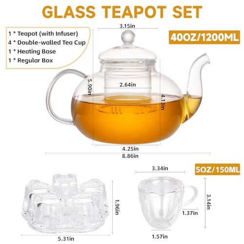 GURUDAR Glass Teapot Set, 40OZ/1200ml Stovetop Safe Glass Tea Kettle with Removable Infuser & Tea Warmer, Tea Cups Set of 4, Blooming Tea & Loose Leaf Tea Maker Set for Women，4 Double-Wall TeaCups - Image 5
