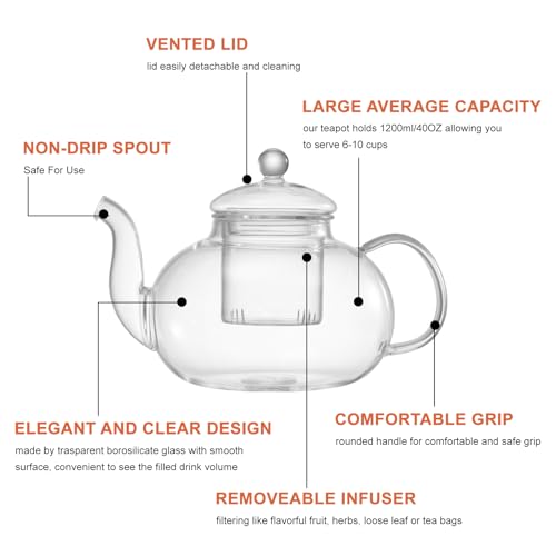 GURUDAR Glass Teapot Set, 40OZ/1200ml Stovetop Safe Glass Tea Kettle with Removable Infuser & Tea Warmer, Tea Cups Set of 4, Blooming Tea & Loose Leaf Tea Maker Set for Women，4 Double-Wall TeaCups - Image 2