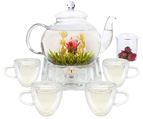 GURUDAR Glass Teapot Set, 40OZ/1200ml Stovetop Safe Glass Tea Kettle with Removable Infuser & Tea Warmer, Tea Cups Set of 4, Blooming Tea & Loose Leaf Tea Maker Set for Women，4 Double-Wall TeaCups - Image 1