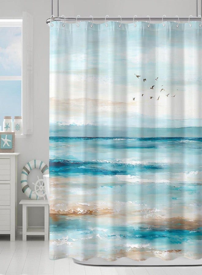 Accnicc Abstract Beach Shower Curtain Ocean Art Oil Painting Shower Curtains for Bathroom Teal Blue Coastal Seagull Waterproof Fabric Bath Curtain Decor 72 X 72 Inches - Image 1