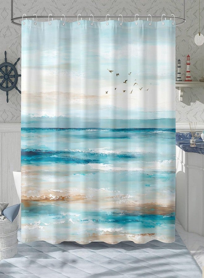 Accnicc Abstract Beach Shower Curtain Ocean Art Oil Painting Shower Curtains for Bathroom Teal Blue Coastal Seagull Waterproof Fabric Bath Curtain Decor 72 X 72 Inches - Image 3