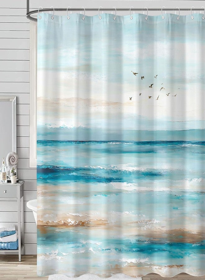 Accnicc Abstract Beach Shower Curtain Ocean Art Oil Painting Shower Curtains for Bathroom Teal Blue Coastal Seagull Waterproof Fabric Bath Curtain Decor 72 X 72 Inches - Image 4