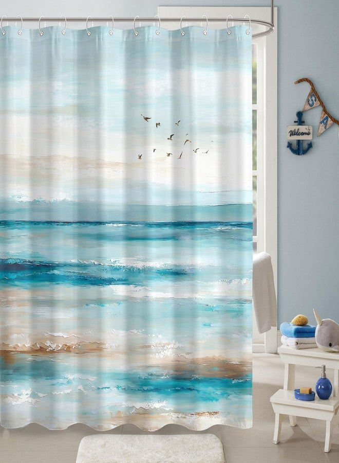 Accnicc Abstract Beach Shower Curtain Ocean Art Oil Painting Shower Curtains for Bathroom Teal Blue Coastal Seagull Waterproof Fabric Bath Curtain Decor 72 X 72 Inches - Image 2