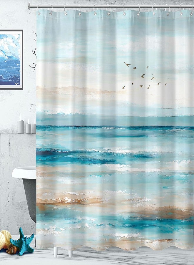 Accnicc Abstract Beach Shower Curtain Ocean Art Oil Painting Shower Curtains for Bathroom Teal Blue Coastal Seagull Waterproof Fabric Bath Curtain Decor 72 X 72 Inches - Image 5