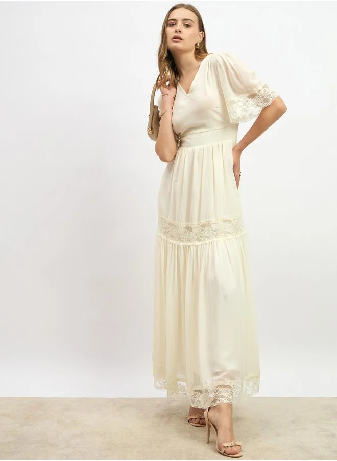 Styli Plain Flared Sleeves Tiered Maxi Dress with Lace Trim