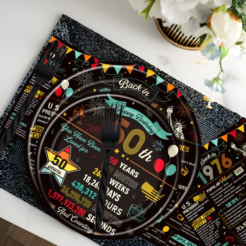 refavor 50th Birthday Plates and Napkins, 96PCS Vintage 50th Birthday Party Decorations Supplies for Women Men, Back in 1976 Cheers to 50 Years Disposable Tableware Set Serve 24 - Image 5