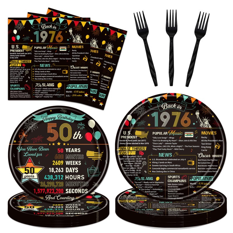 refavor 50th Birthday Plates and Napkins, 96PCS Vintage 50th Birthday Party Decorations Supplies for Women Men, Back in 1976 Cheers to 50 Years Disposable Tableware Set Serve 24 - Image 1