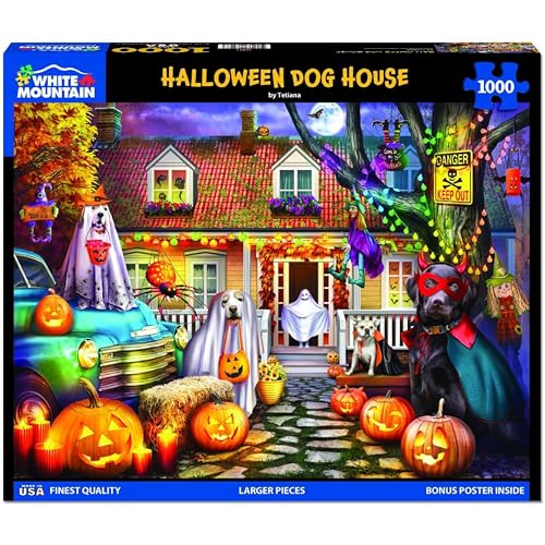White Mountain 1000 Piece Jigsaw Puzzle Spooky Fall Dog Puzzles with Large Pieces Gifts for Adults and Family 24x30 Halloween Dog House - Image 1