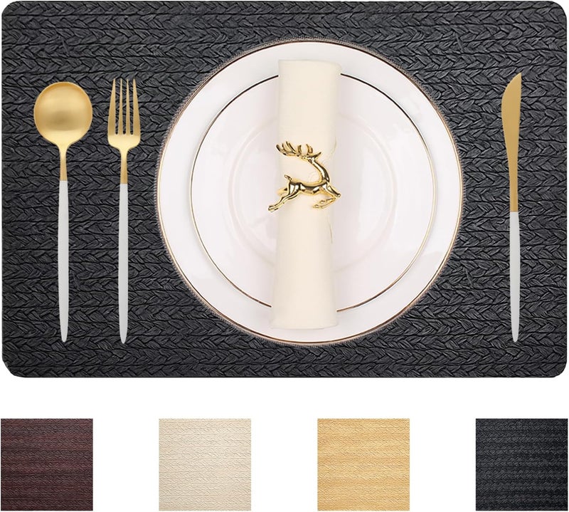 pigchcy Waterproof PVC Place Mats Set of 6, Non-Slip Faux Leather Placemats Rattan Pattern Surface Table Mats for Wedding/Birthday Party/Kitchen (18"x12", Black) - Image 1