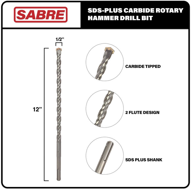 Sabre Tools 1/2 Inch x 12 Inch SDS Plus Rotary Hammer Drill Bit, Carbide Tipped for Brick, Stone, and Concrete Version 2 (1/2" x 10" x 12") - Image 2