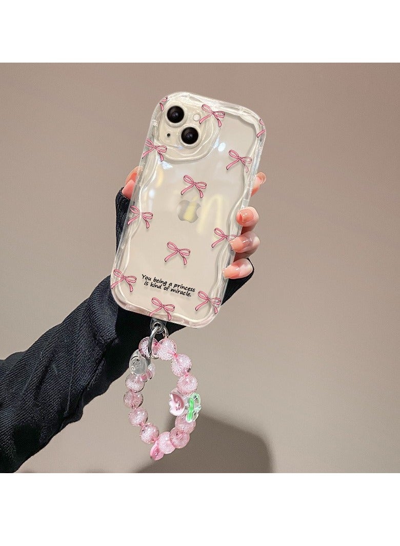NIBEMINENT Minimalist Pink Bow Screen Protective TPU Case Cover For iPhone 15 Pro Max, Minimalist Pink Bow With Pendant