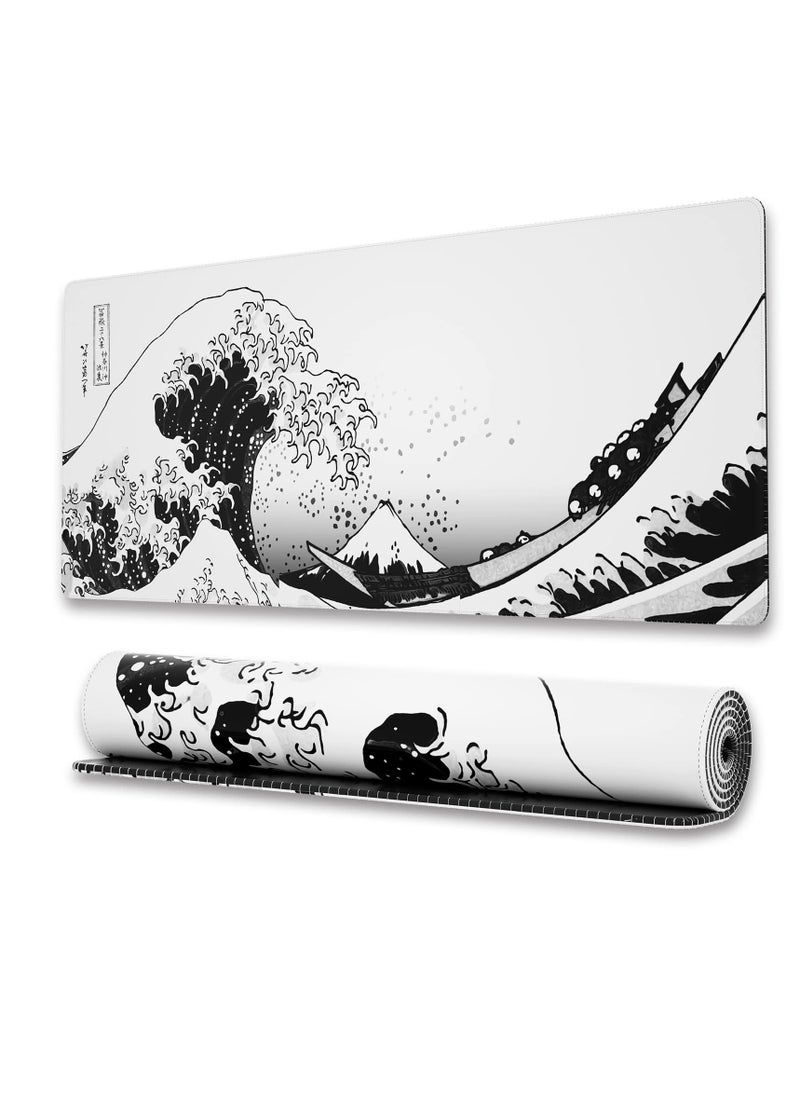 Milatech - Milatech Large Gaming Mouse Pad with Stitched Edges, Japanese Wave Anime Desk Mat, Extended XL Mousepad with Anti-Slip Base, Spill-Resistant Desk Pad for Keyboard and Mouse, 31.5 x 11.8 in, White - Image 1