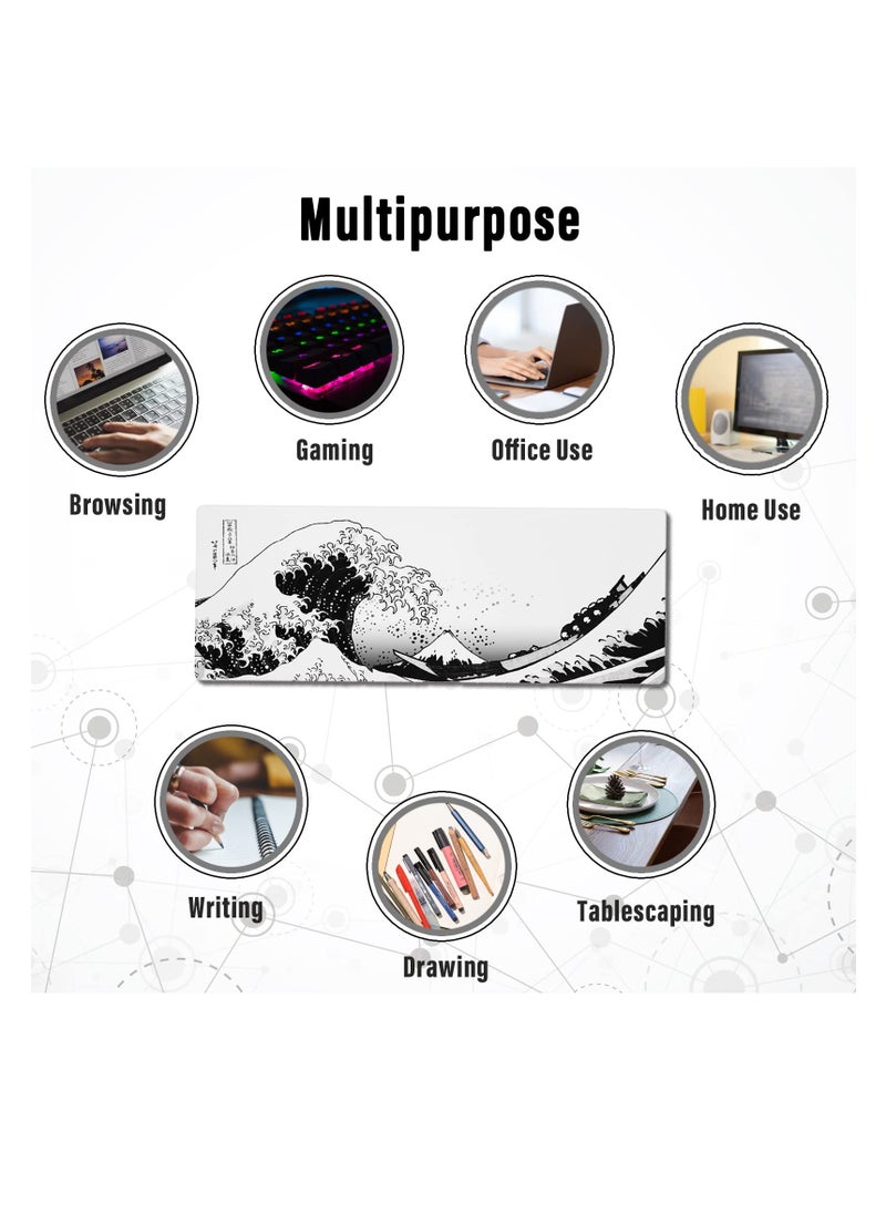 Milatech - Milatech Large Gaming Mouse Pad with Stitched Edges, Japanese Wave Anime Desk Mat, Extended XL Mousepad with Anti-Slip Base, Spill-Resistant Desk Pad for Keyboard and Mouse, 31.5 x 11.8 in, White - Image 1