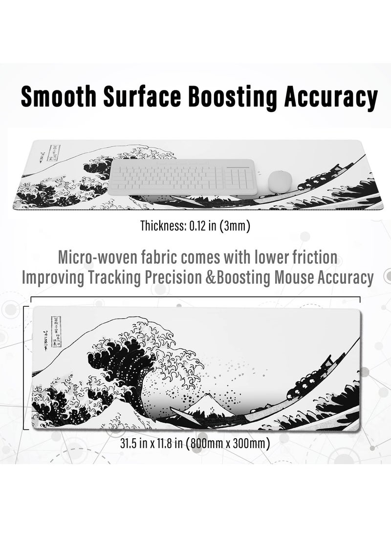 Milatech - Milatech Large Gaming Mouse Pad with Stitched Edges, Japanese Wave Anime Desk Mat, Extended XL Mousepad with Anti-Slip Base, Spill-Resistant Desk Pad for Keyboard and Mouse, 31.5 x 11.8 in, White - Image 1